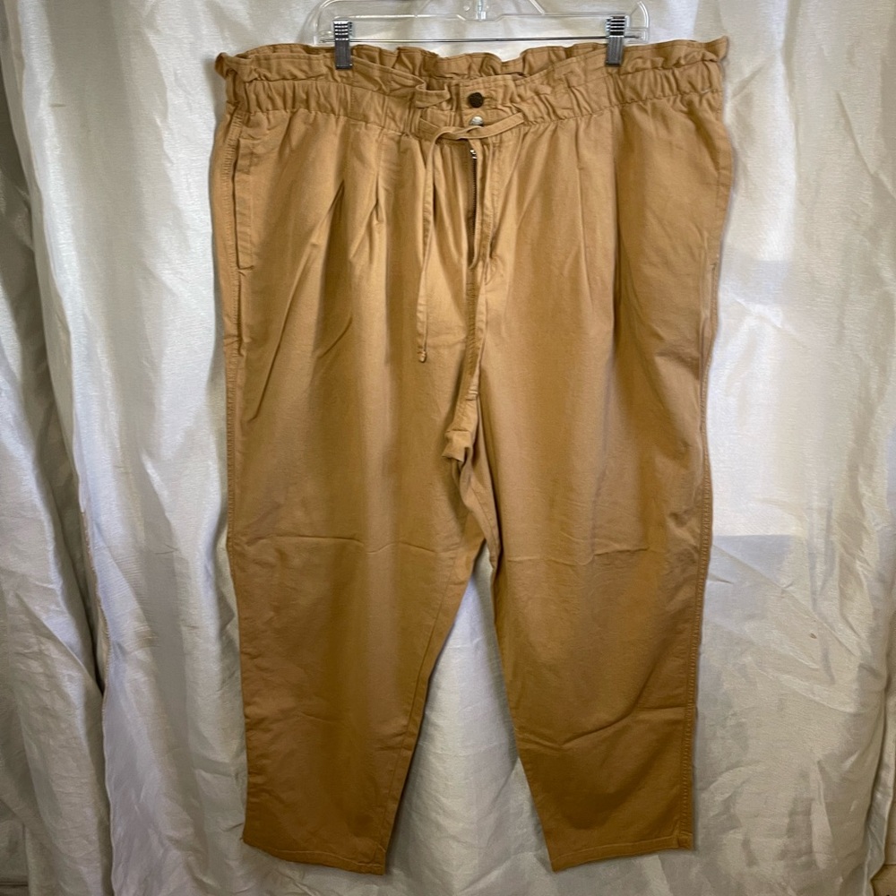 Plus Size Tan Paper Bag High Waisted Drawstring Tie Cargo Chino Casual Trousers